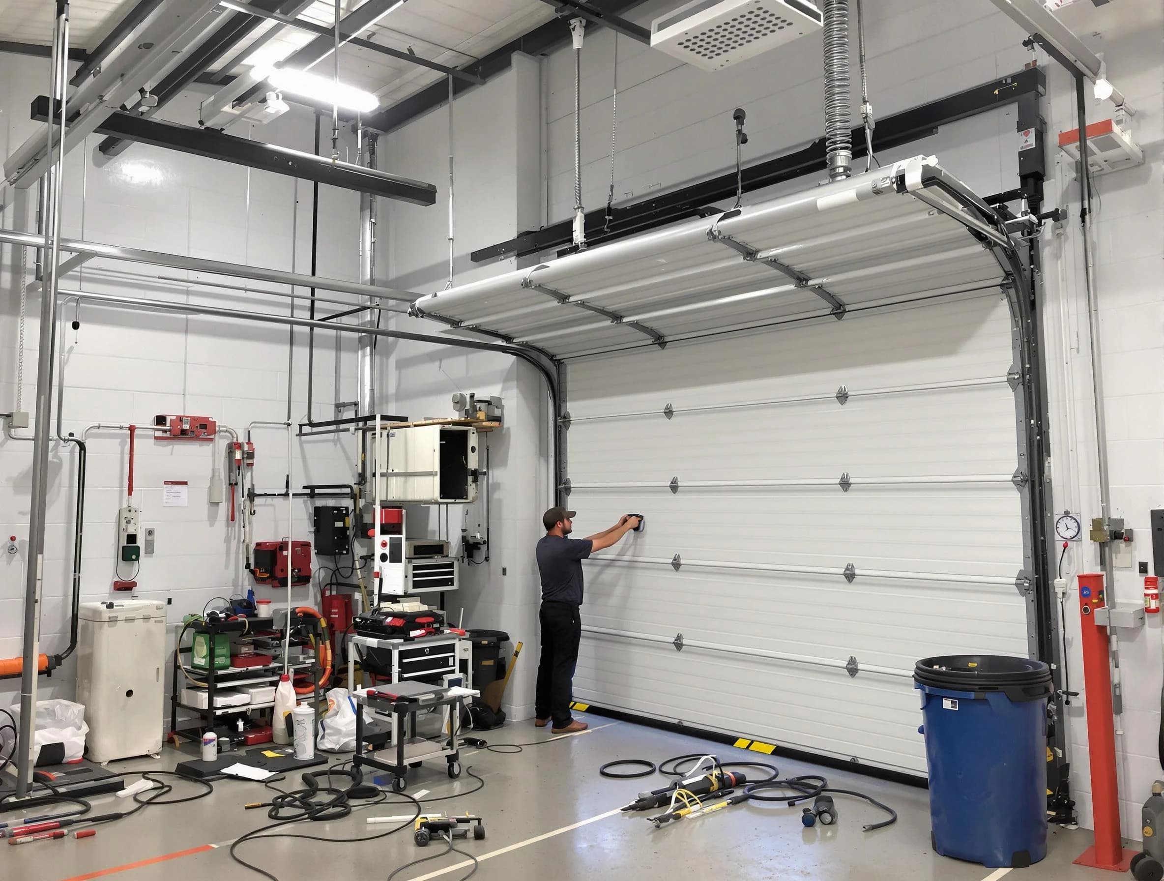 Clay Garage Door Repair certified technician performing commercial door repair at a Clay business facility