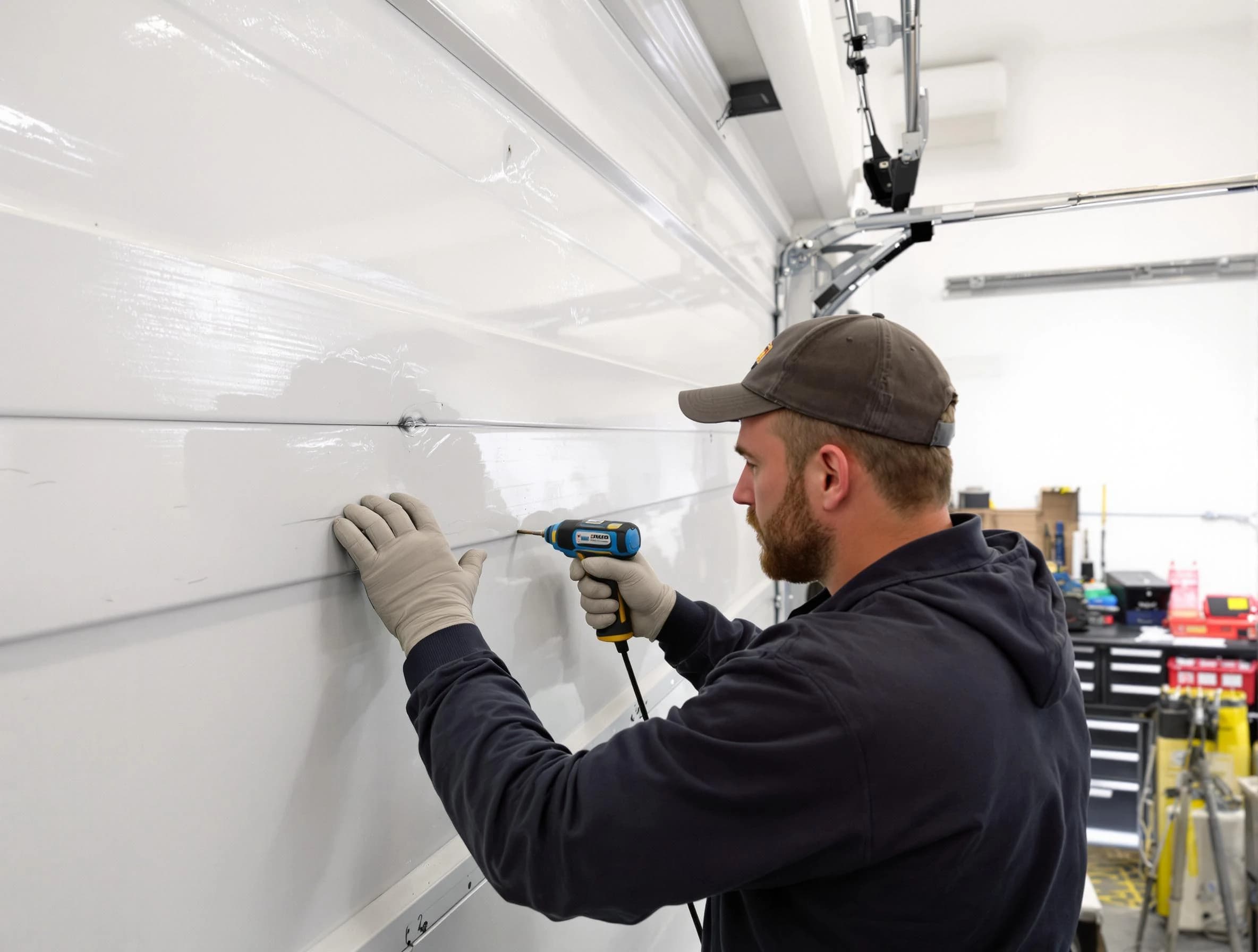 Clay Garage Door Repair technician demonstrating precision dent removal techniques on a Clay garage door